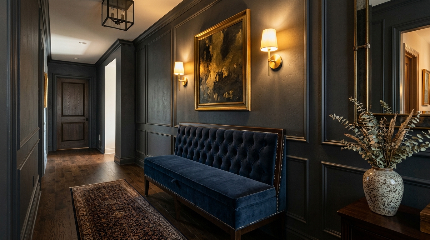 Vignette of an upholstered bench with hidden storage in a moody hallway with 3000K accent lighting.
