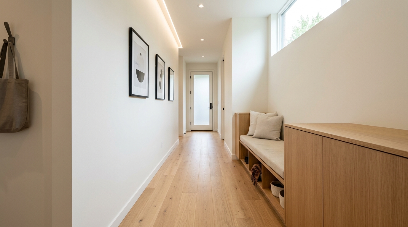 Architectural view of a narrow hallway showing a slim-profile storage bench maintaining a 36-inch clearance for optimal traffic flow.