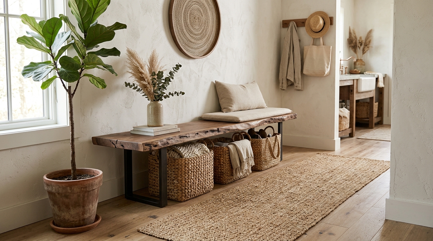 Organic modern entryway featuring a live-edge wood bench with storage and a textured jute runner rug.