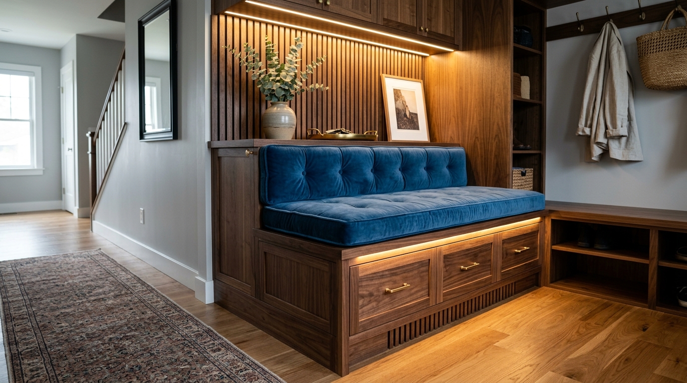 Custom built-in entryway cabinetry with a velvet-seated bench and integrated LED strip lighting in the cubbies.