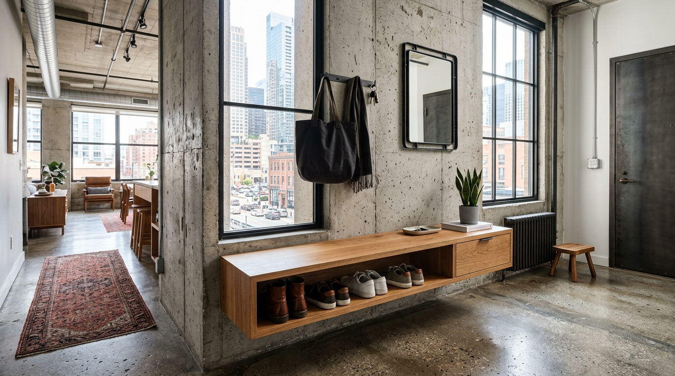 Small entryway drop zone using a wall-mounted console bench to maximize floor space in a city loft.