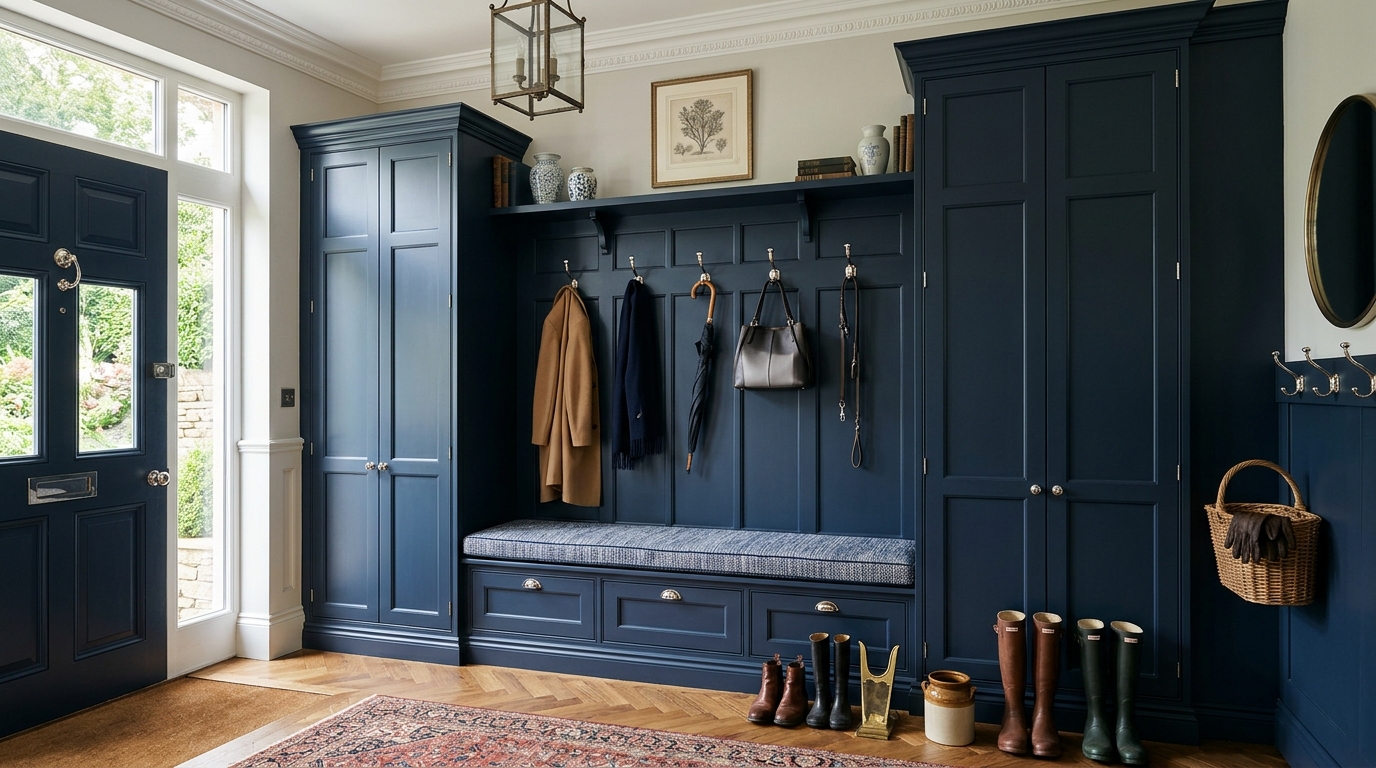 Transitional style hallway seating with navy blue cabinetry and polished nickel hardware for a classic look.