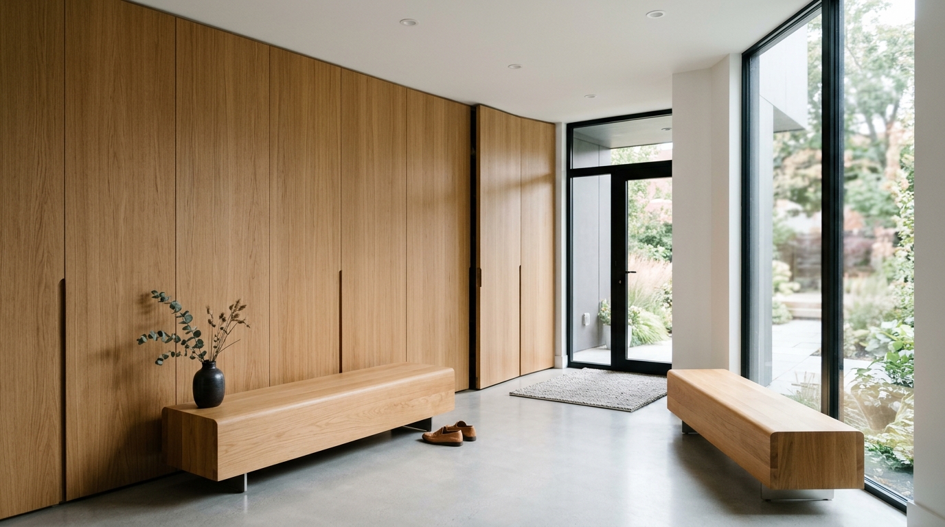 Contemporary entryway bench with storage featuring a push-to-open door mechanism for a seamless minimalist look.