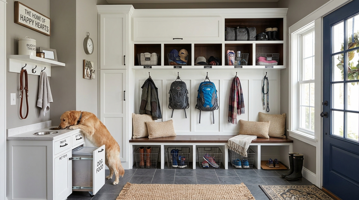 A warm and inviting mudroom featuring a bench with overhead storage and a dedicated pet station beneath.