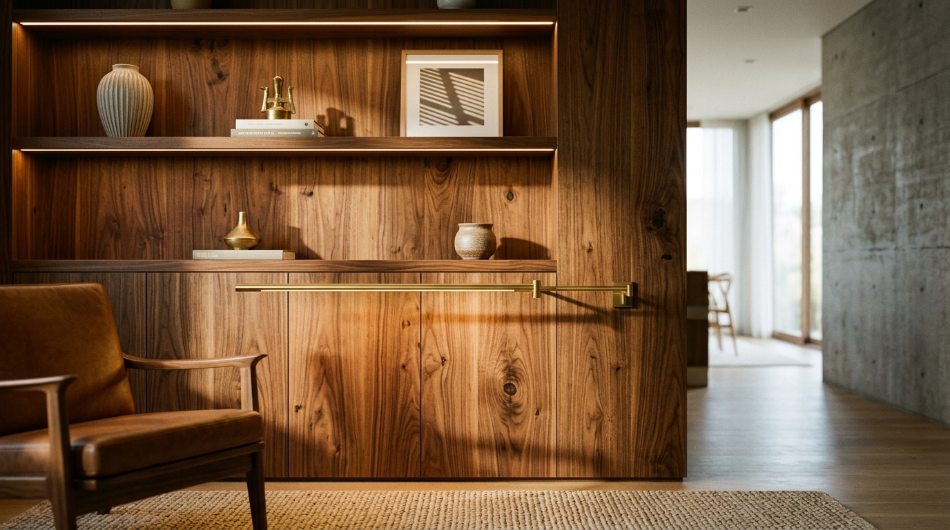 Close-up of a high-CRI lighting setup illuminating a wooden storage bench in a high-end residential foyer.
