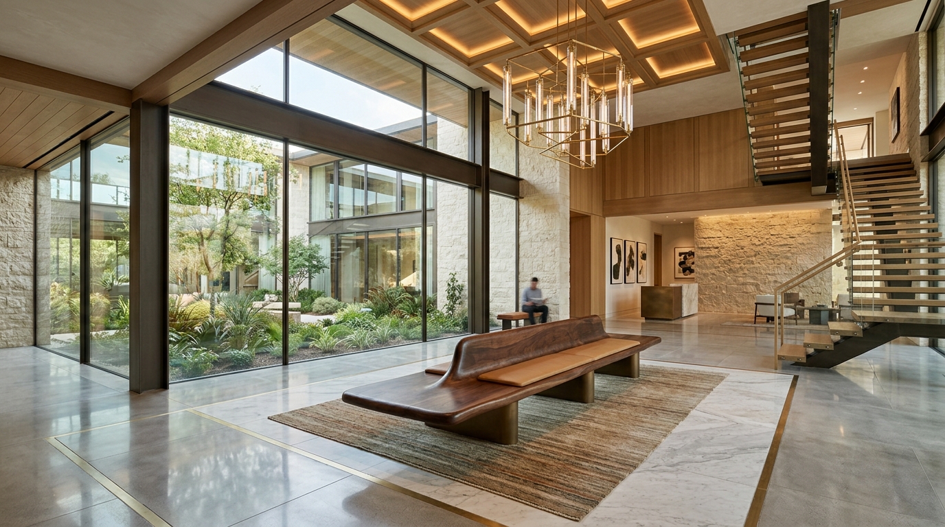 A final wide-angle shot of a luxury entryway featuring a high-performance bench strategy for small-footprint living.
