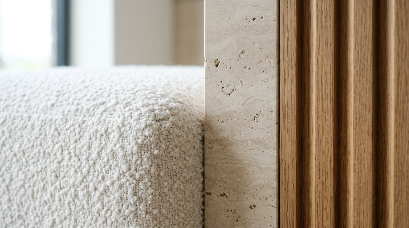 Close-up of tactile materials including a bouclé upholstered seat and honed travertine top on a minimalist hallway bench.