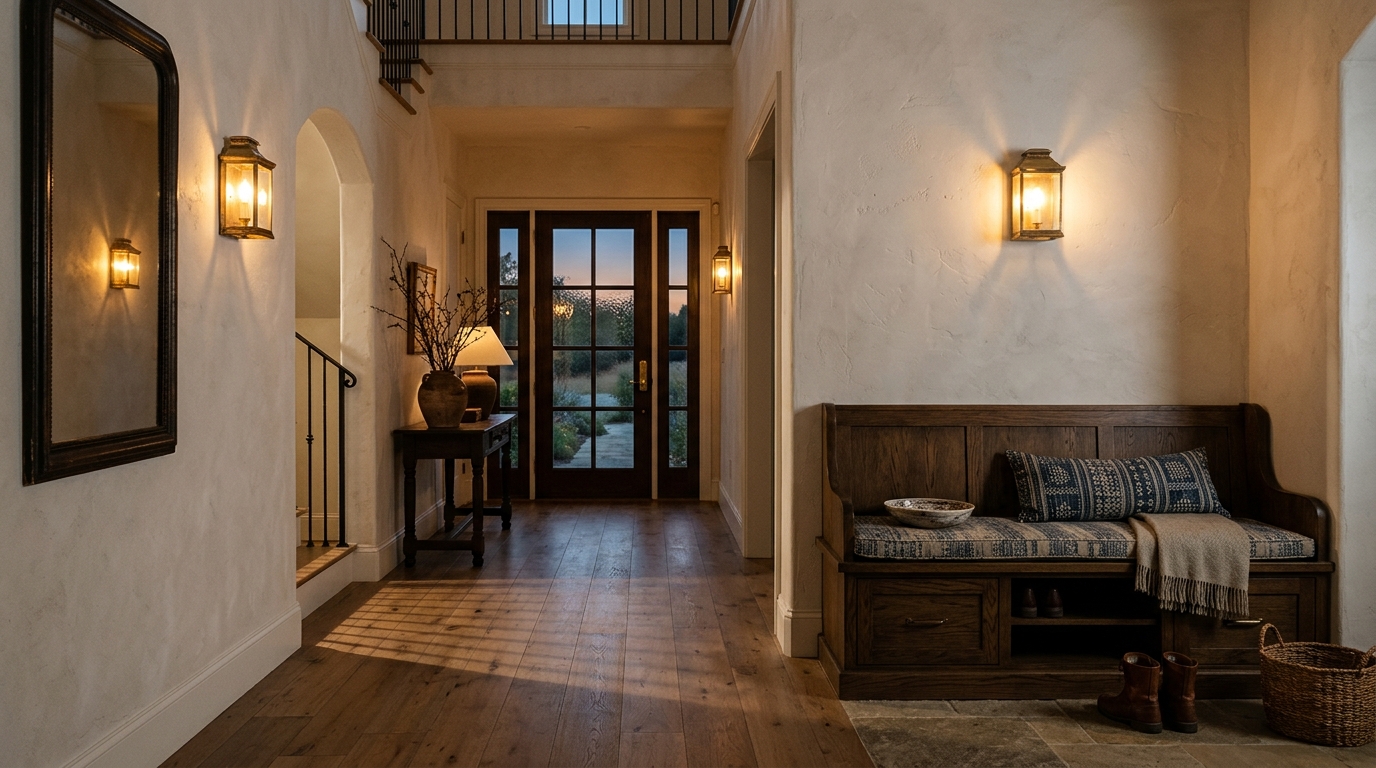 Dramatic evening lighting in a foyer with 2700K warm sconces highlighting a custom drop zone organization system.