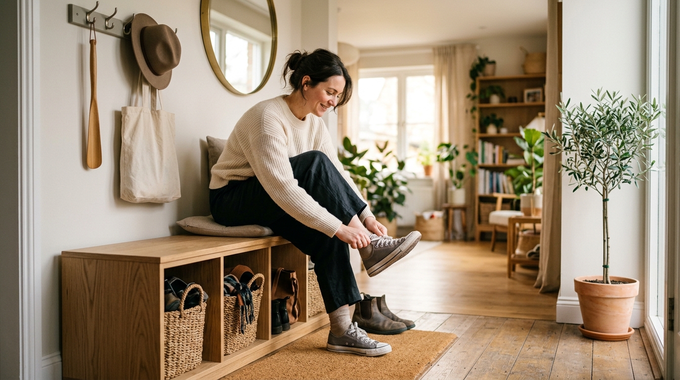 A functional lifestyle shot of a person sitting on an ergonomic entryway bench with storage, demonstrating effortless footwear transition.