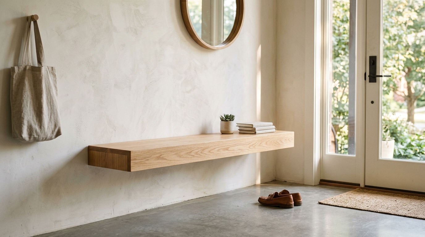 Minimalist floating oak bench in a small apartment entryway with limewashed walls and warm directional sunlight.