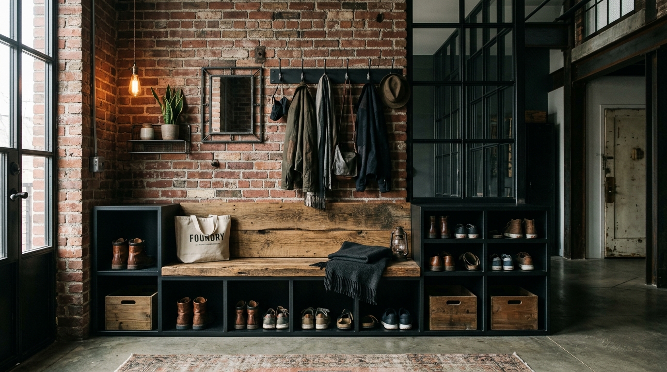 Industrial style entryway furniture featuring matte black steel framing and reclaimed wood storage cubbies for shoes.
