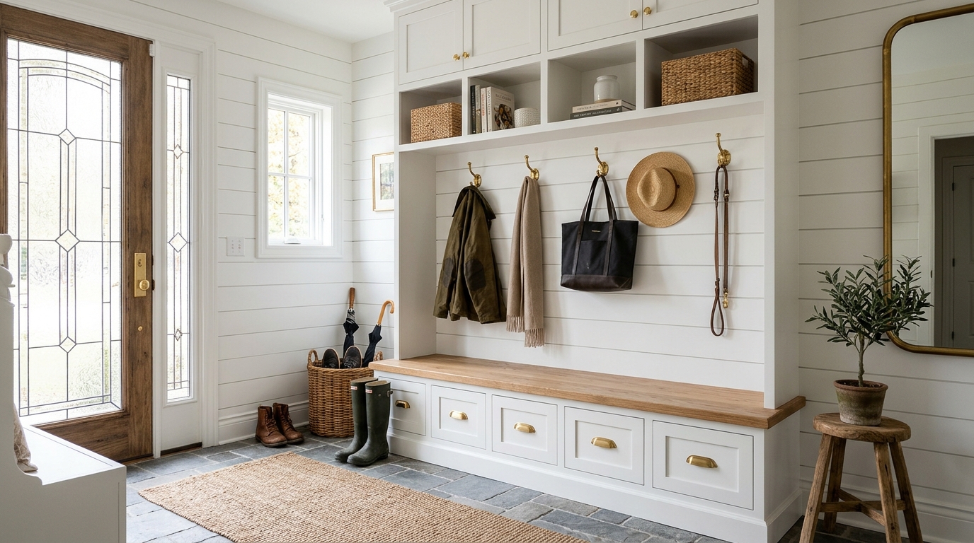 Elegant mudroom storage solution with a built-in bench, shiplap backing, and integrated brass hardware hooks.