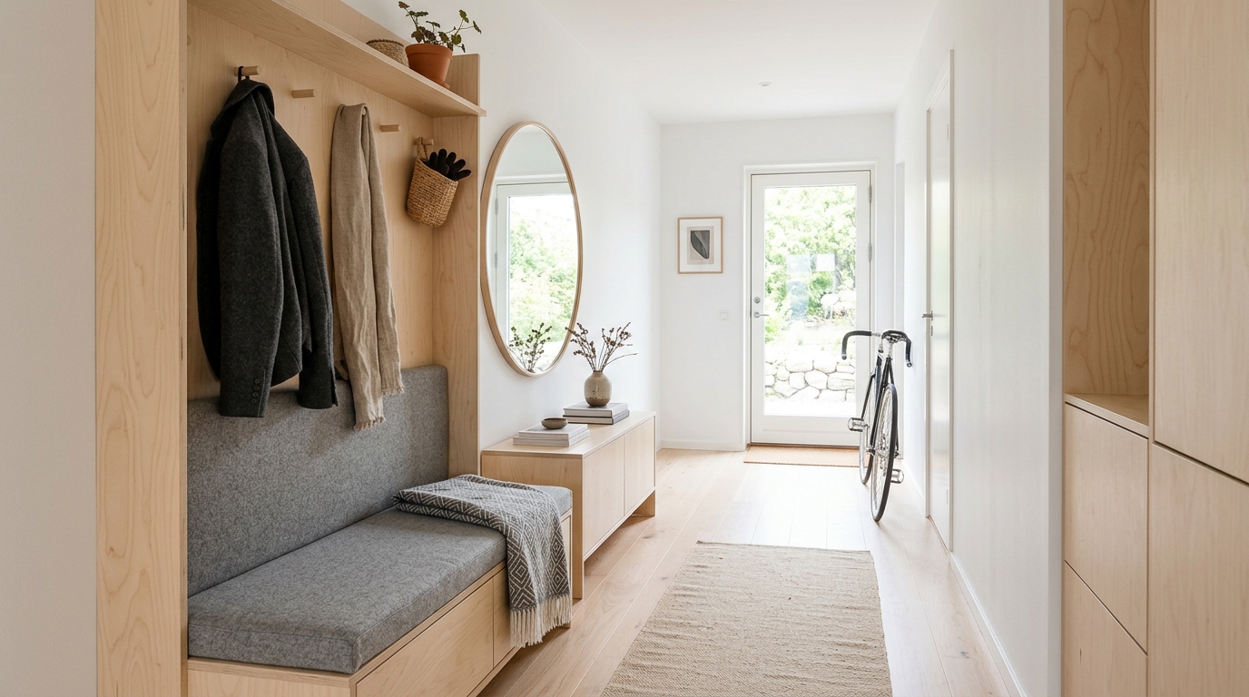 Scandinavian design hallway seating with light birch wood and grey wool upholstery for a clean minimalist aesthetic.
