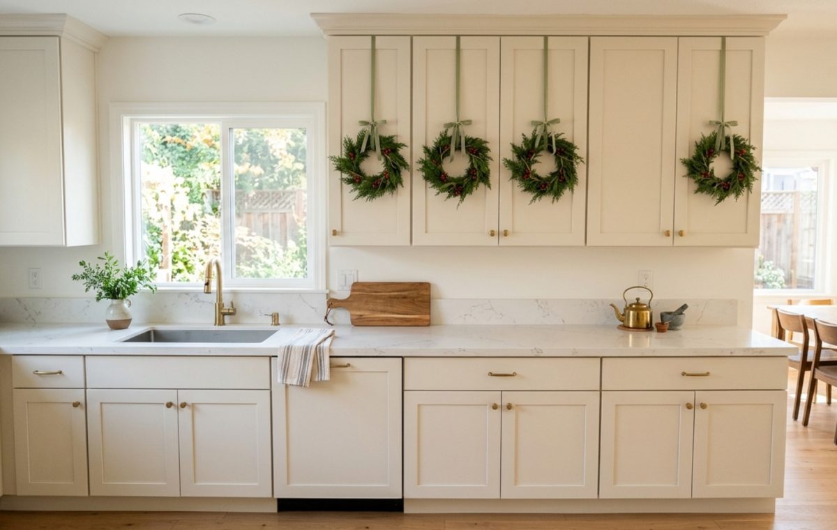 Decorating kitchen cabinet wreaths with small cedar rings on white shaker cabinets with hidden ribbon mounts.