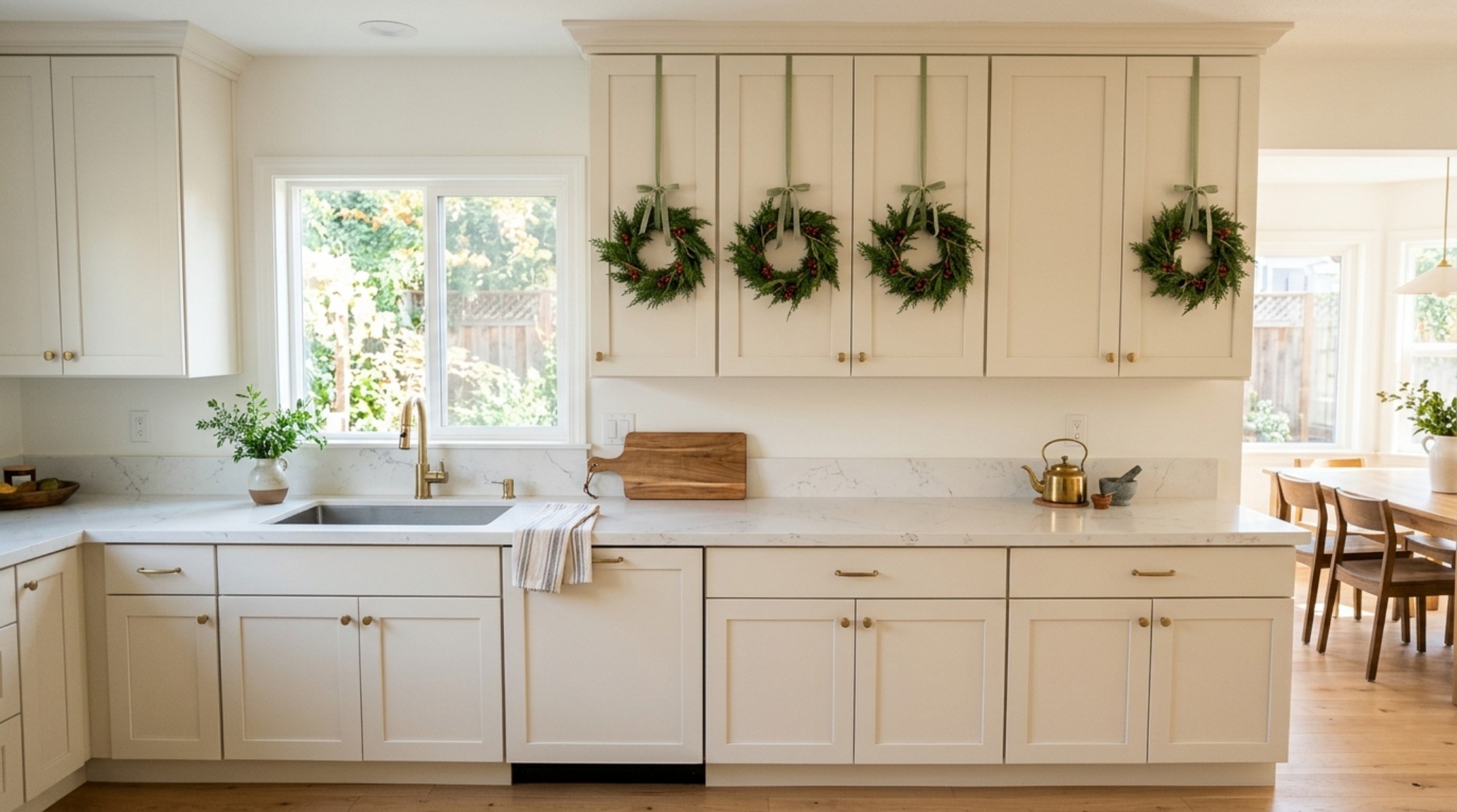 Decorating kitchen cabinet wreaths with small cedar rings on white shaker cabinets with hidden ribbon mounts. Decorating kitchen cabinet wreaths with small cedar rings on white shaker cabinets with hidden ribbon mounts.
