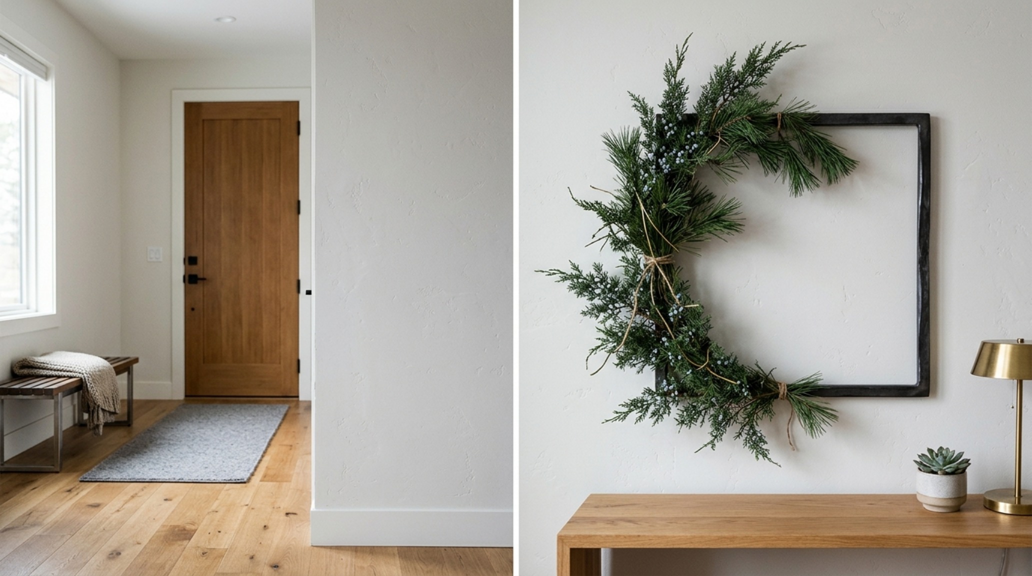 Modern christmas wreath ideas for front door using a unique square-framed wreath with asymmetrical juniper branches. Modern christmas wreath ideas for front door using a unique square-framed wreath with asymmetrical juniper branches.