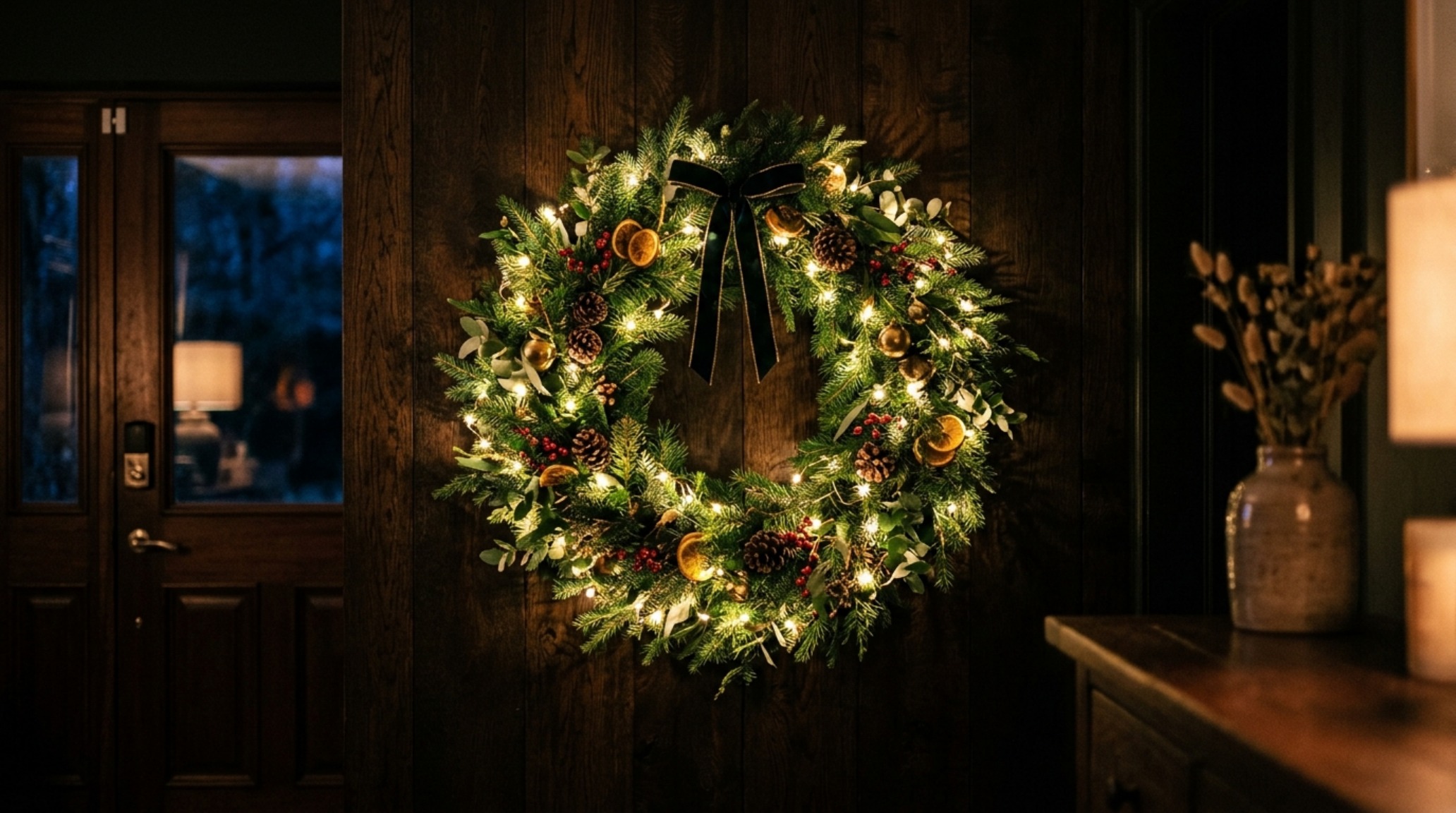 Best wreath lighting for indoor use featuring 2700K warm micro-LEDs woven into a deep green cypress wreath. Best wreath lighting for indoor use featuring 2700K warm micro-LEDs woven into a deep green cypress wreath.