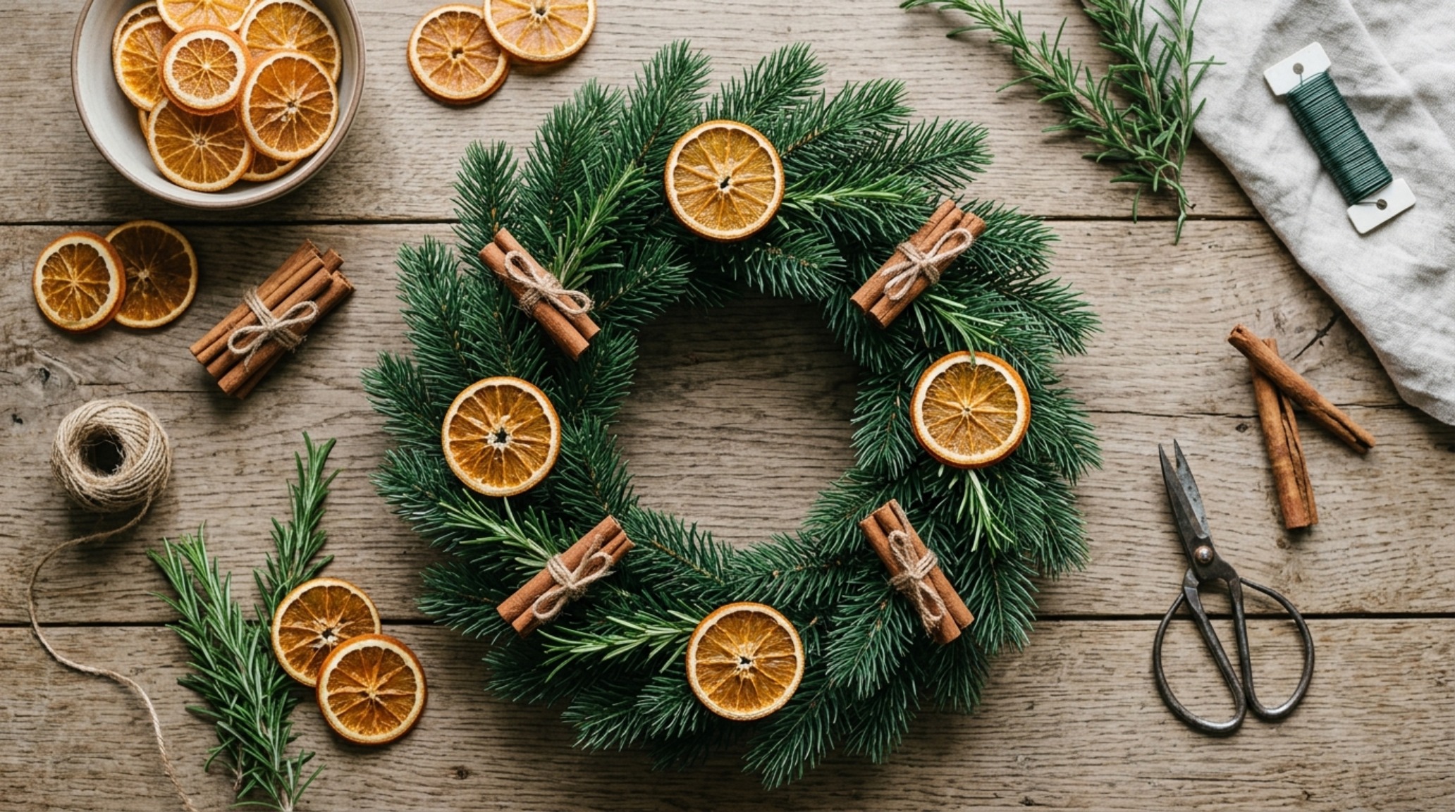 How to decorate a plain artificial wreath by adding real dried orange slices and rosemary sprigs for a lifelike finish. How to decorate a plain artificial wreath by adding real dried orange slices and rosemary sprigs for a lifelike finish.