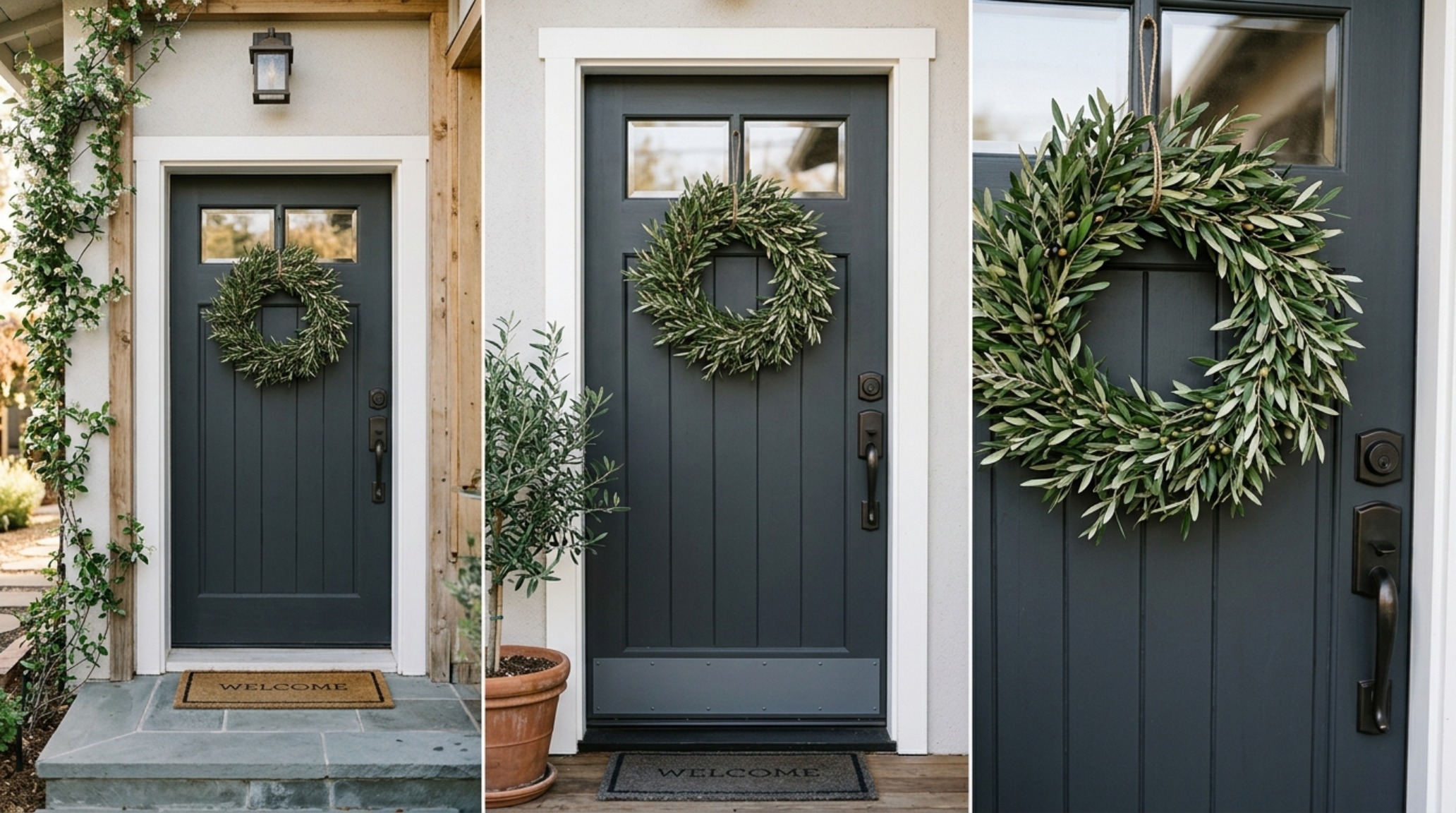 Modern christmas wreath ideas for front door featuring a 24-inch slim profile olive leaf wreath on a charcoal door. Modern christmas wreath ideas for front door featuring a 24-inch slim profile olive leaf wreath on a charcoal door.
