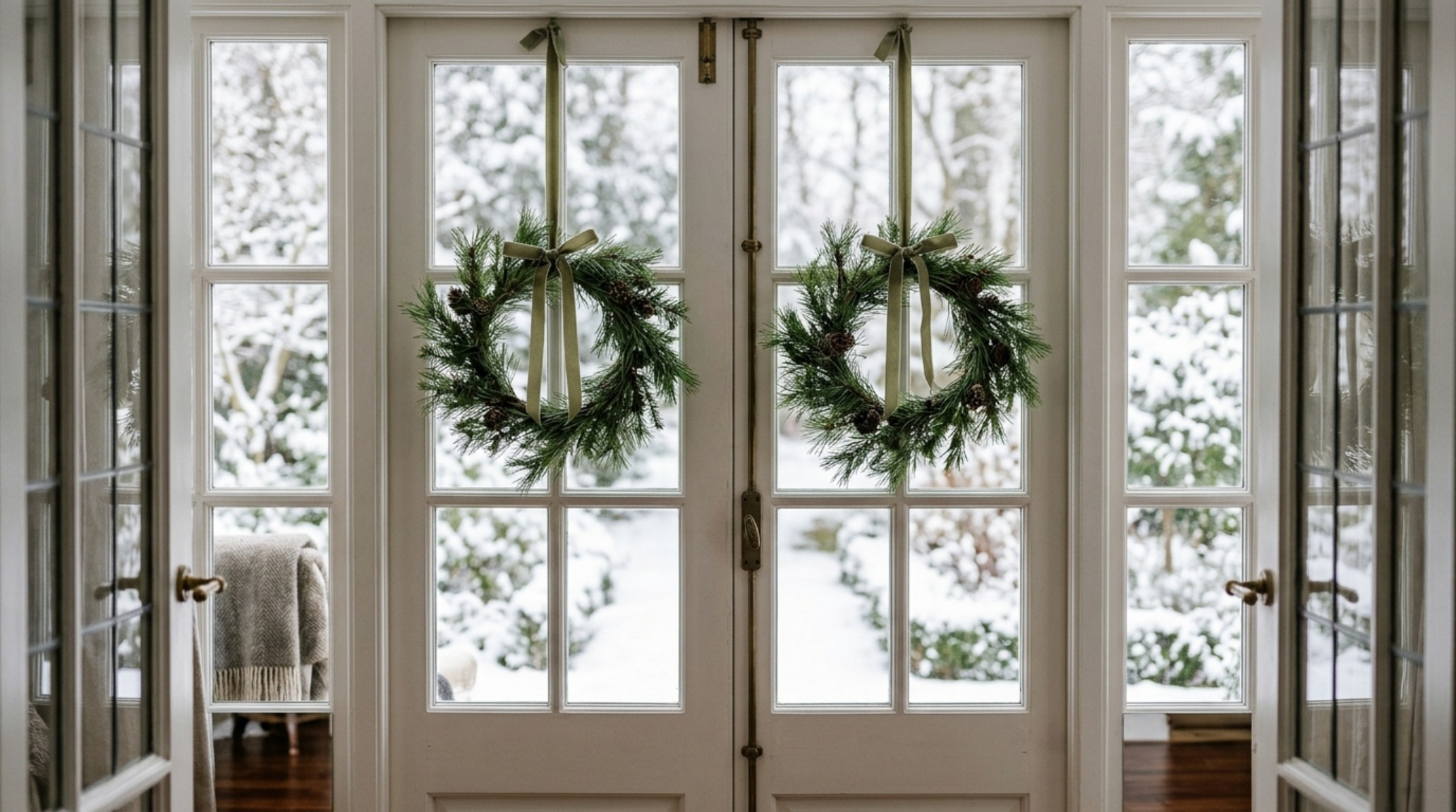 DIY minimalist wreath ribbon techniques illustrating a simple knot on a natural pine wreath against a plaster wall. DIY minimalist wreath ribbon techniques illustrating a simple knot on a natural pine wreath against a plaster wall.