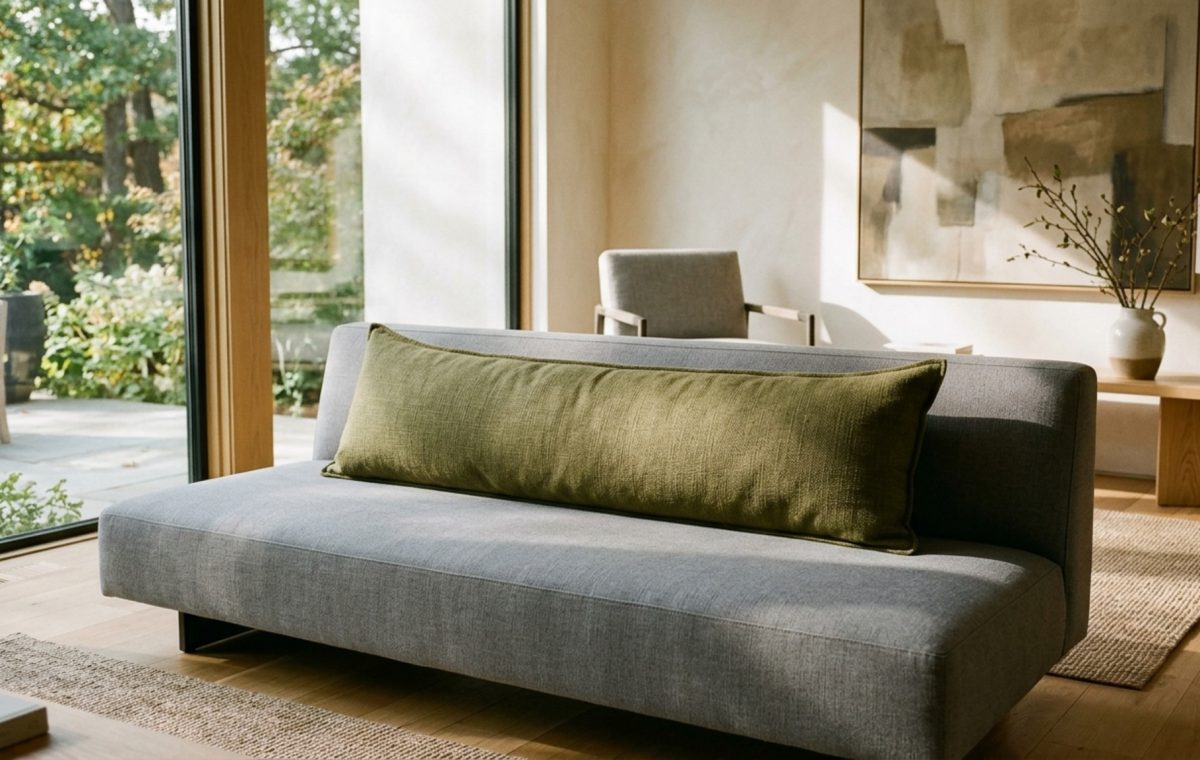 modern lumbar pillows for couches styled on a deep-seated charcoal sofa with a focus on ergonomic lower back support and sleek horizontal lines.