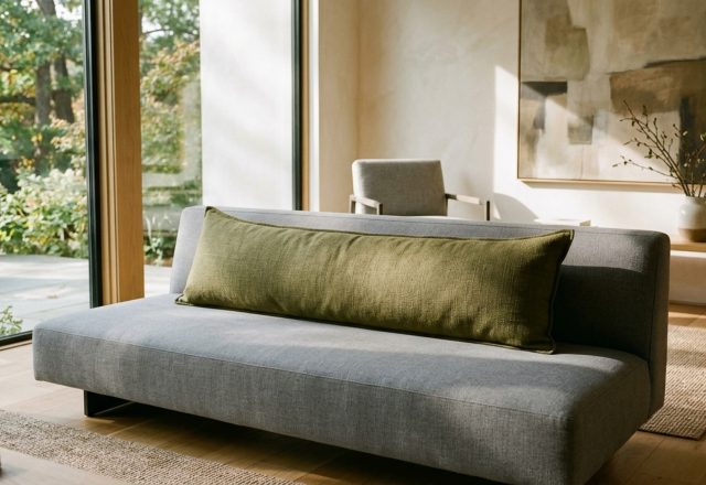 modern lumbar pillows for couches styled on a deep-seated charcoal sofa with a focus on ergonomic lower back support and sleek horizontal lines.