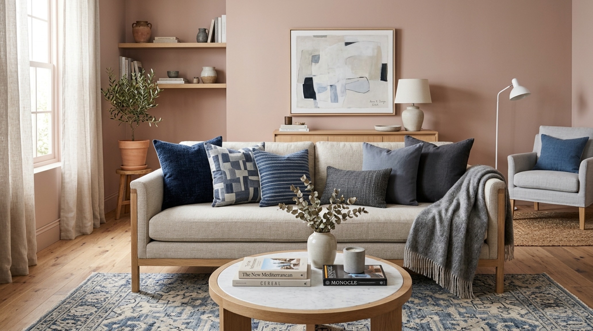 couch styling ideas 2024 showcasing the 'Power of Five' arrangement on a contemporary white oak framed sofa near a large window.