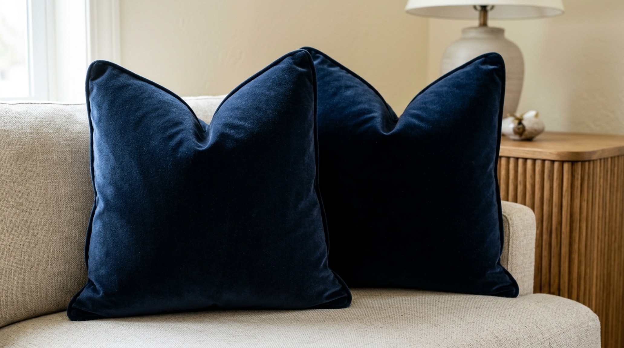 luxury velvet throw pillows in a rich ochre hue layered against a Belgian linen sofa back, showcasing high-density down-alternative inserts.