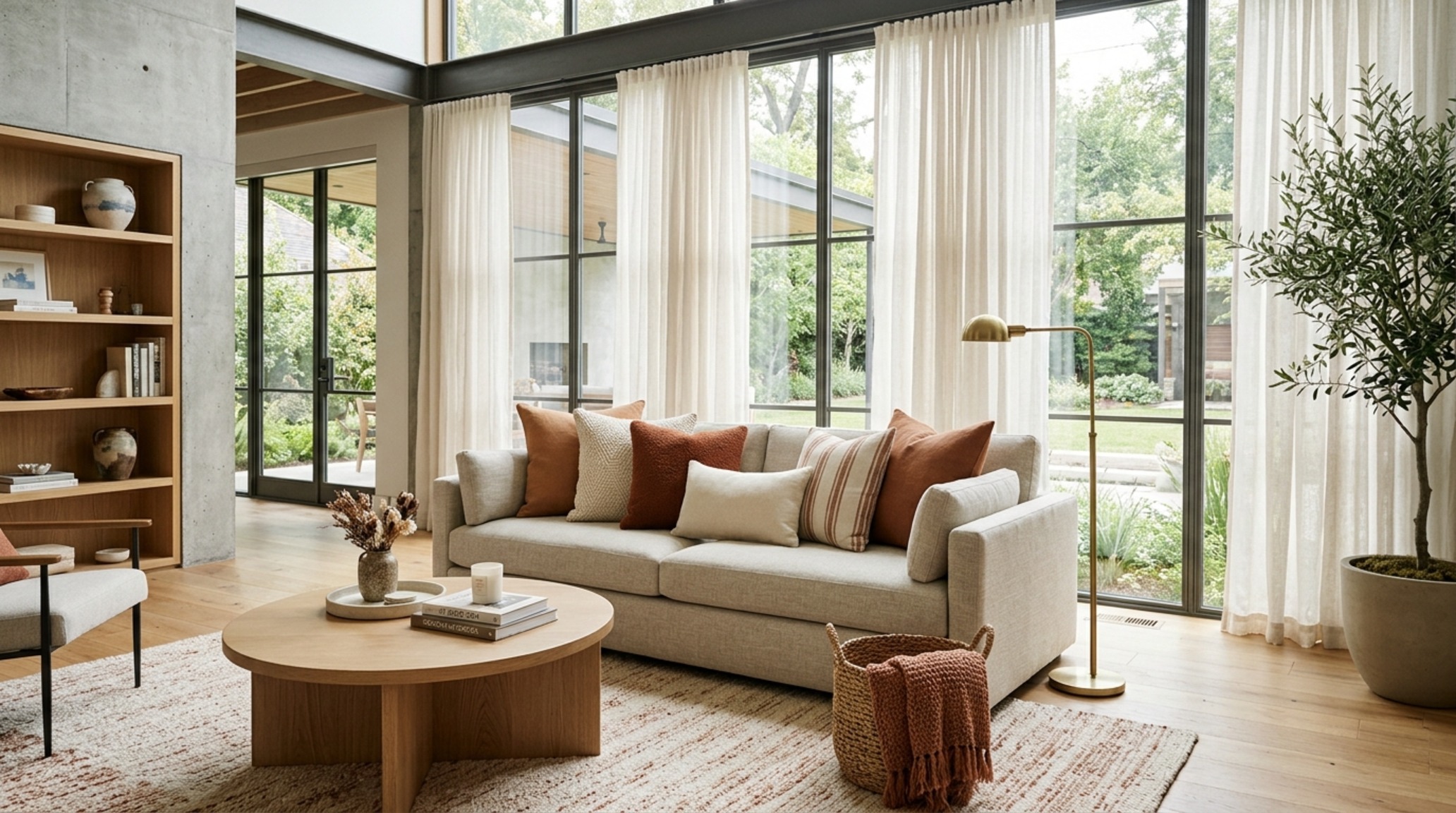 couch styling ideas 2024 featuring a curated mix of oversized squares and elongated lumbars in a neutral, light-filled living room.