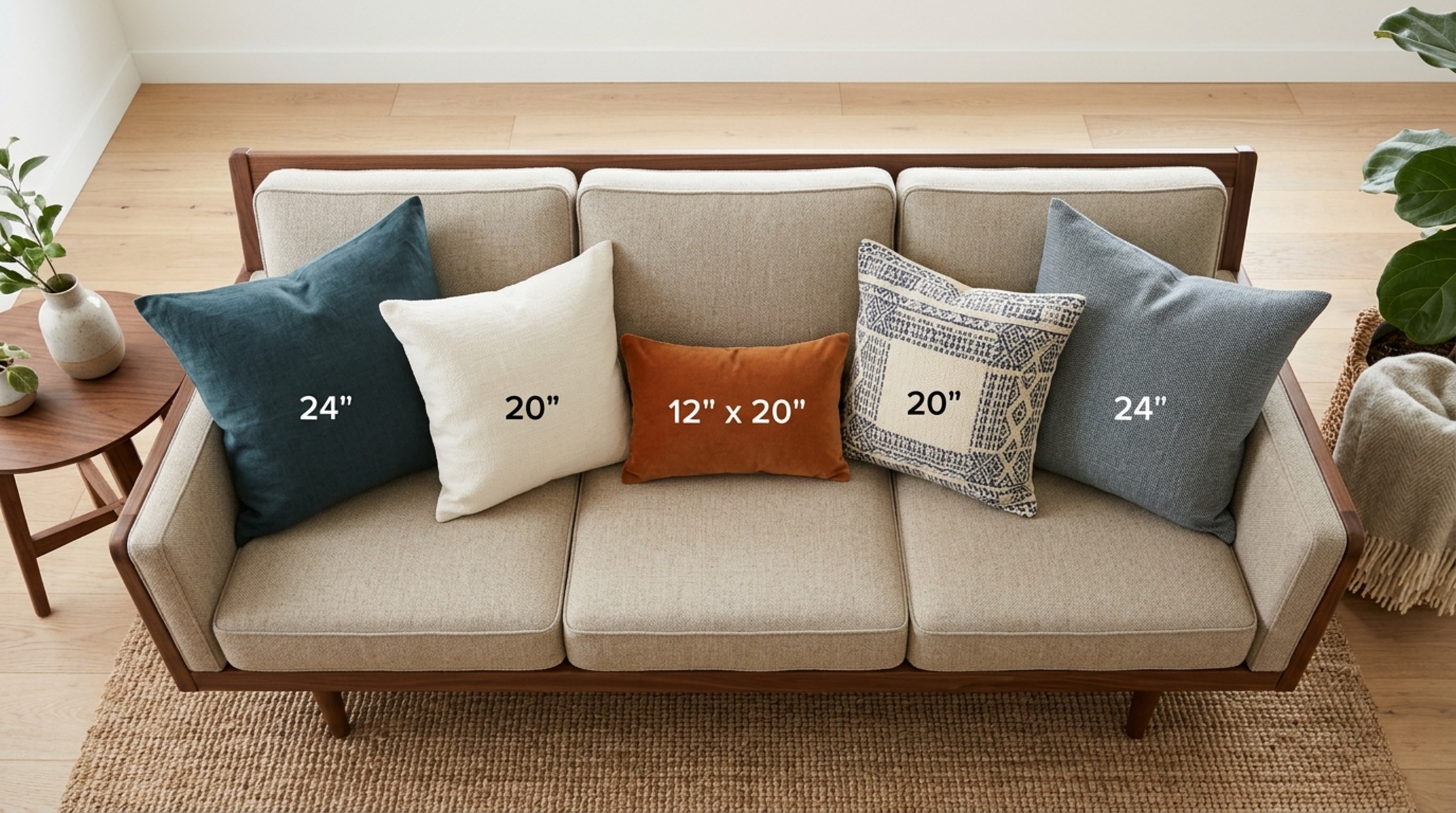 best pillow sizes for 3-seater sofa arranged in a symmetrical 2-2-1 formation to balance visual weight and seating comfort.