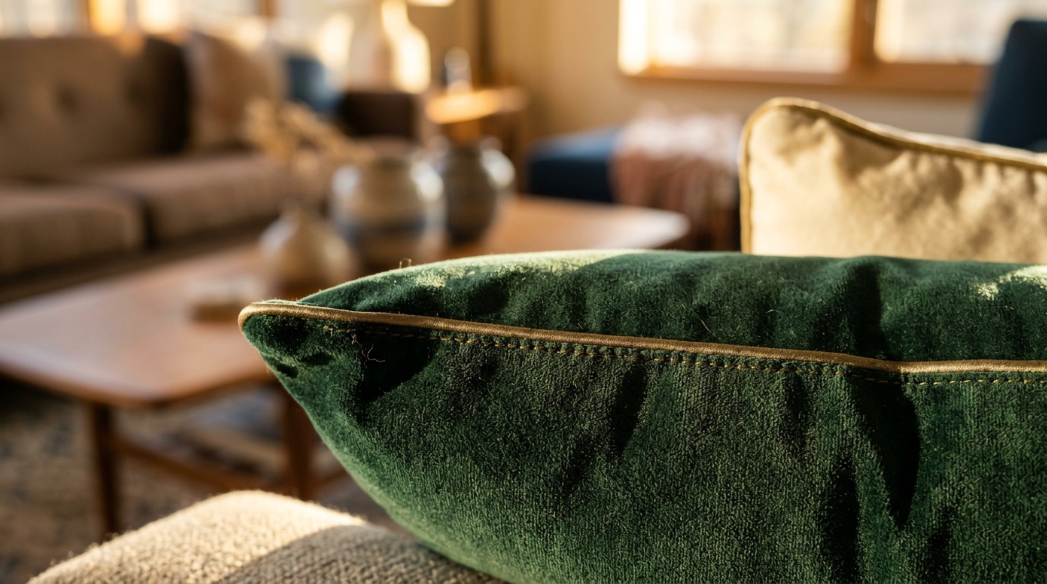 luxury velvet throw pillows with a high cotton content, catching 2700K warm ambient light to emphasize depth and material quality.