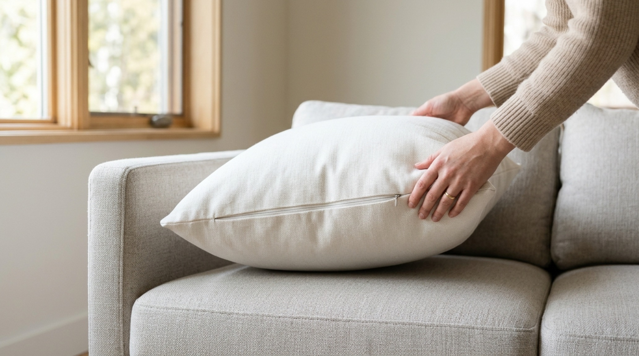 machine washable sofa cushions with hidden zipper construction, demonstrating functional maintenance in a high-traffic family room.
