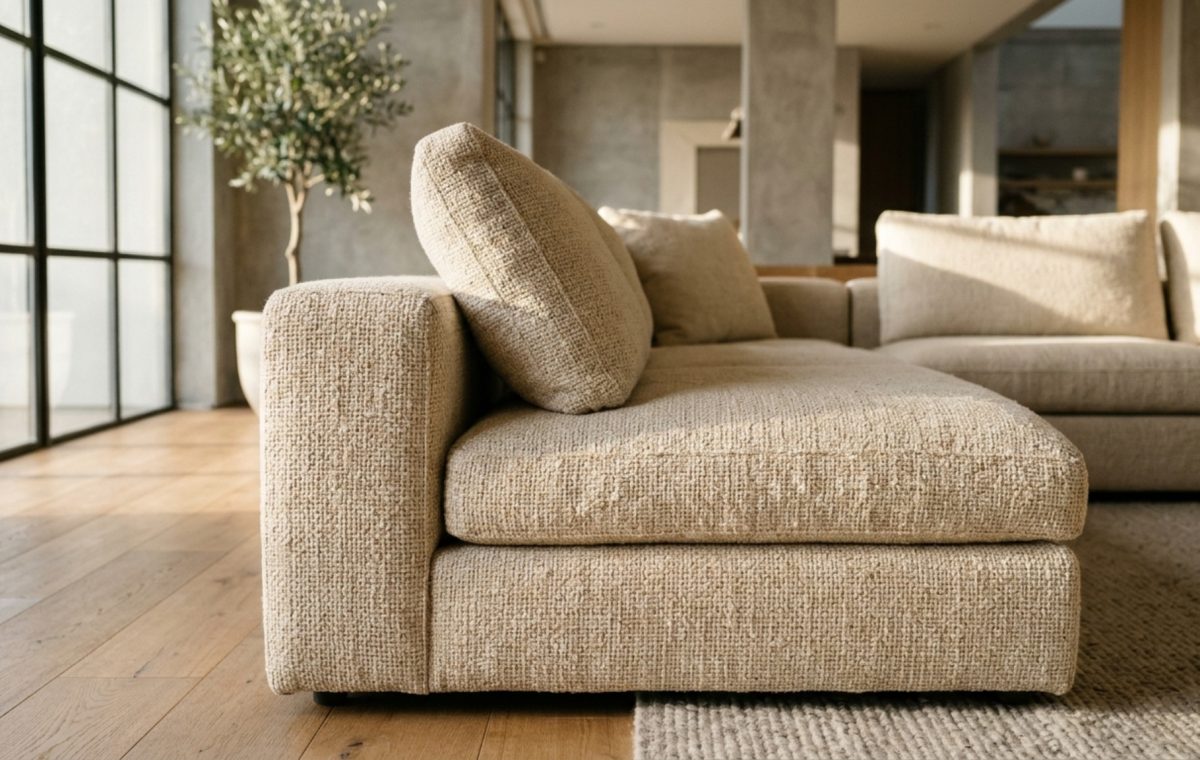 Close-up of high-performance weave fabric on a modular sofa section featuring a neutral taupe palette and visible tactile texture in natural sunlight.