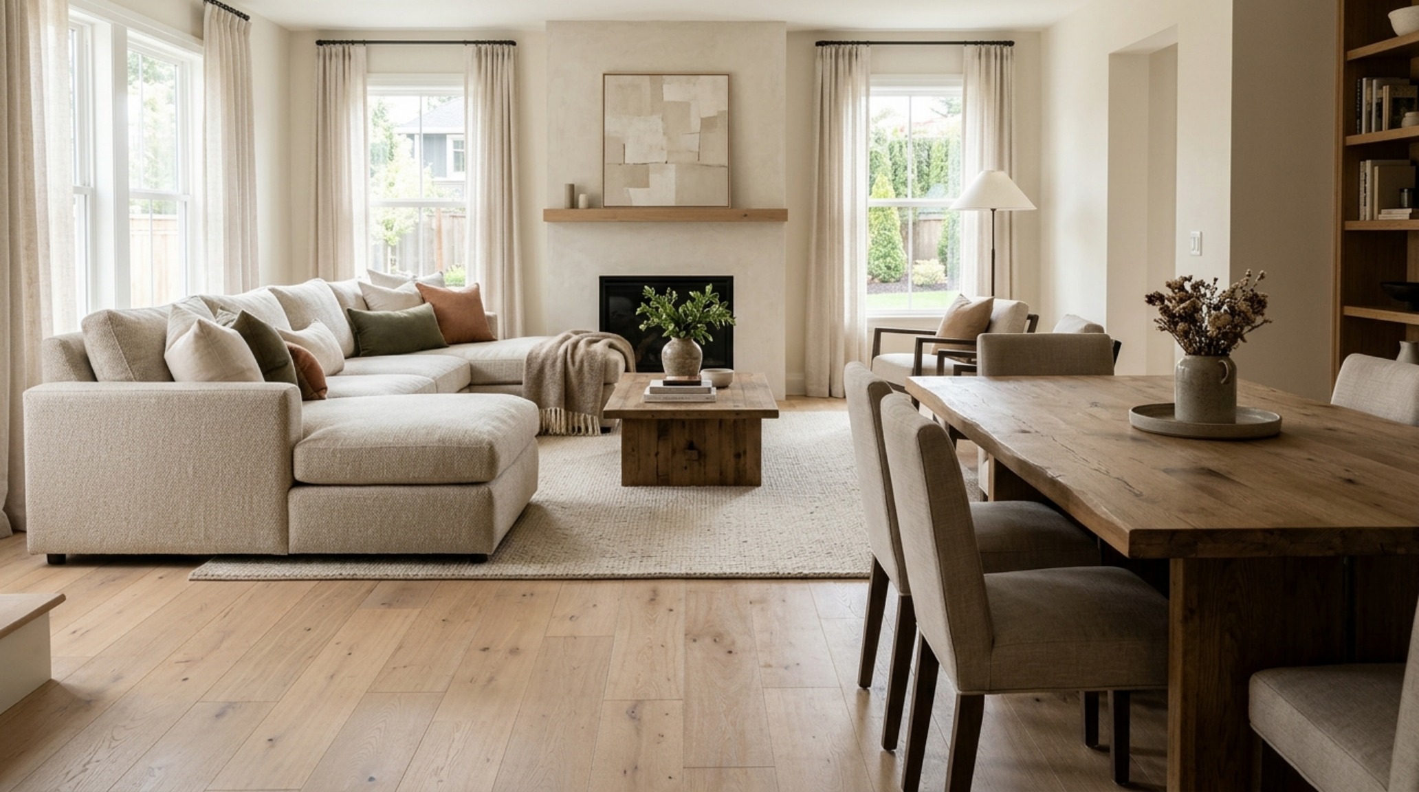 Overhead layout of a luxury living room showing the 30-inch clearance between a sectional back and a dining area transition.
