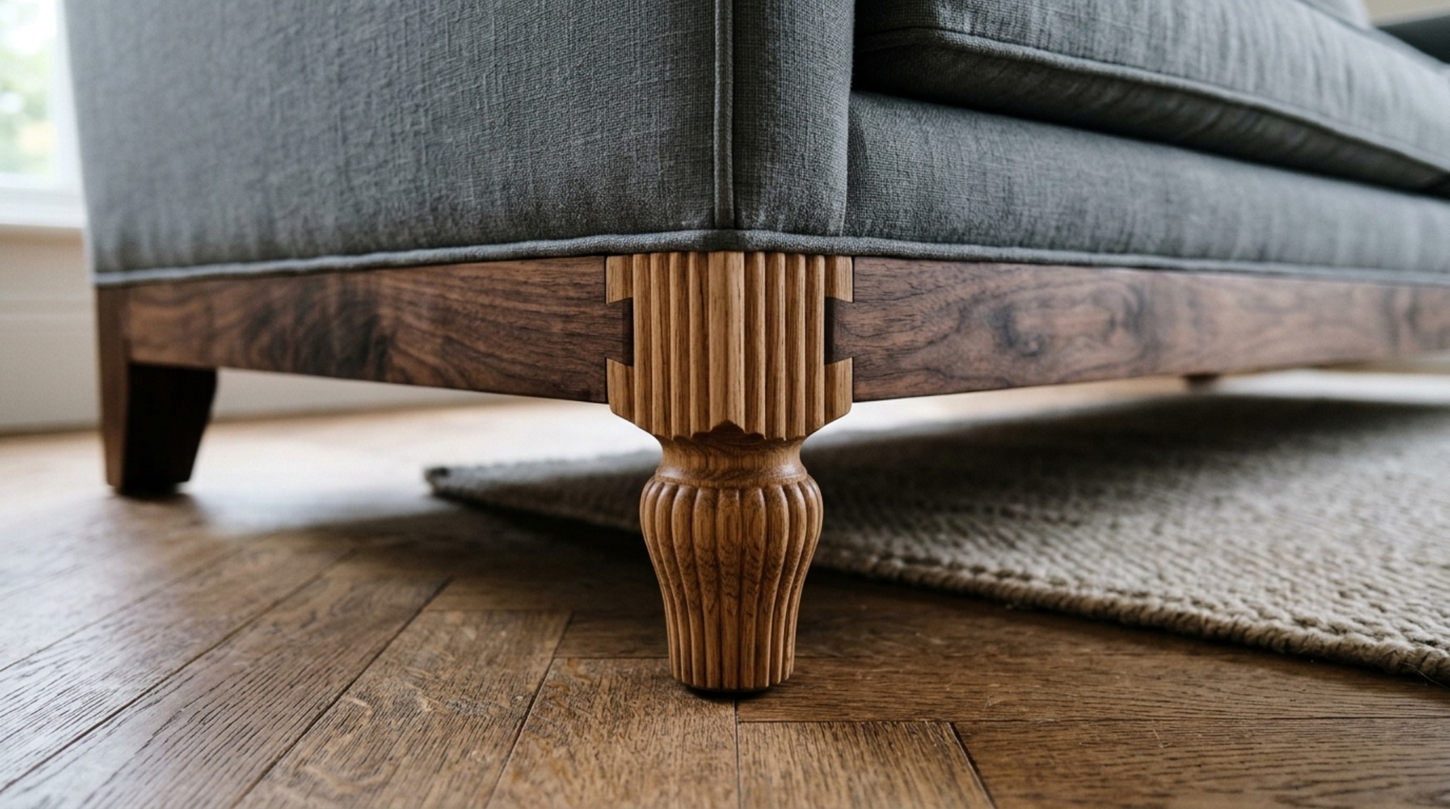 Close-up of a fluted white oak plinth base supporting a modern modular sofa, emphasizing structural integrity and natural materiality.