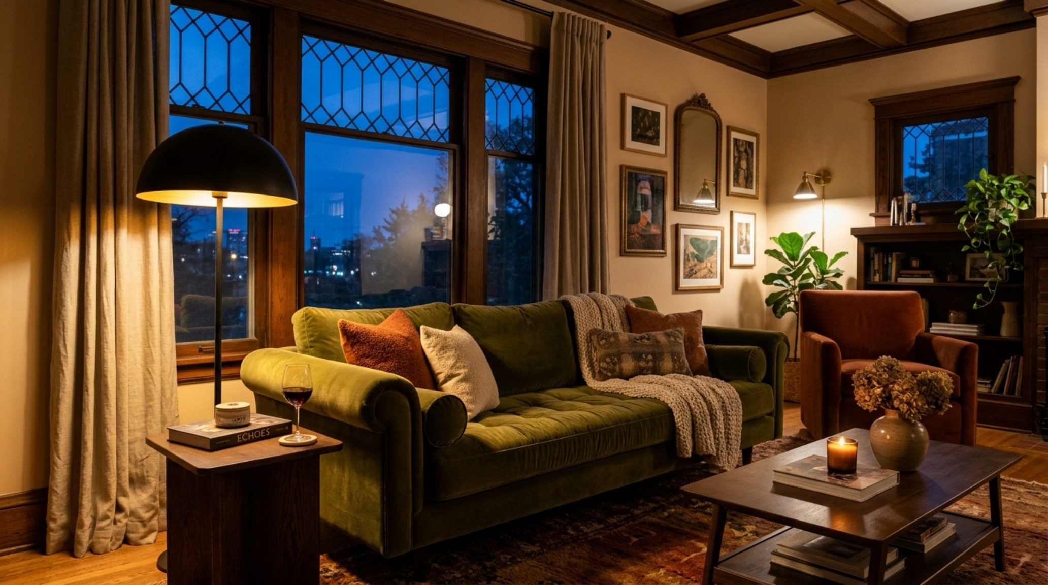 Interior view of a cozy earth tone living room with performance velvet seating illuminated by 2700K warm ambient lighting at dusk.