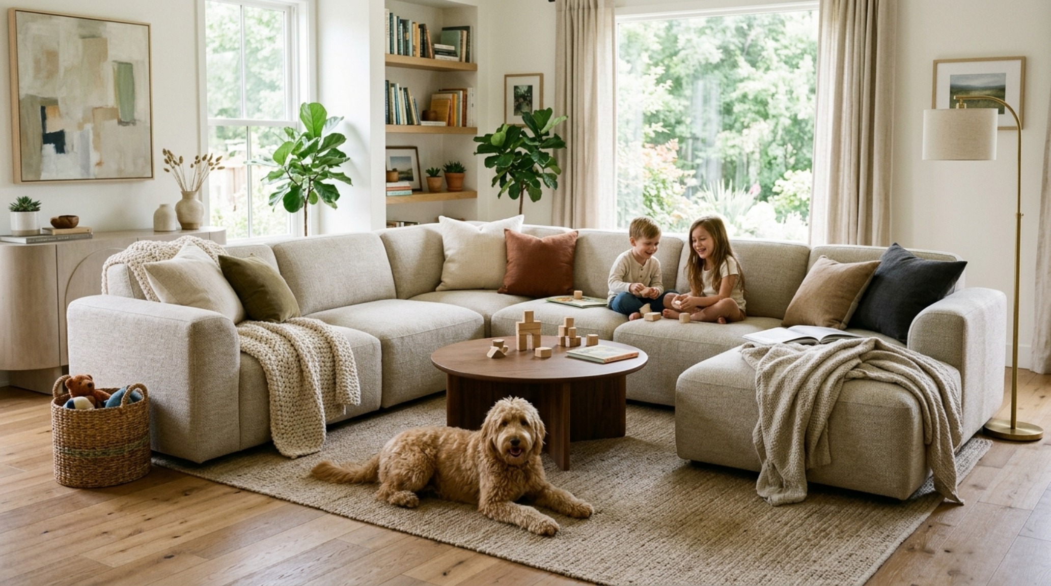 Pet friendly performance fabric couch in a high-traffic family room featuring durable micro-chenille upholstery and organic modern styling.