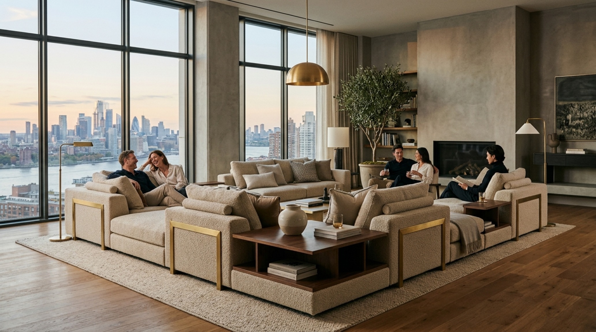Architectural view of a modern modular sofa reconfigured into a double-sided lounge pit for multi-functional social interaction.