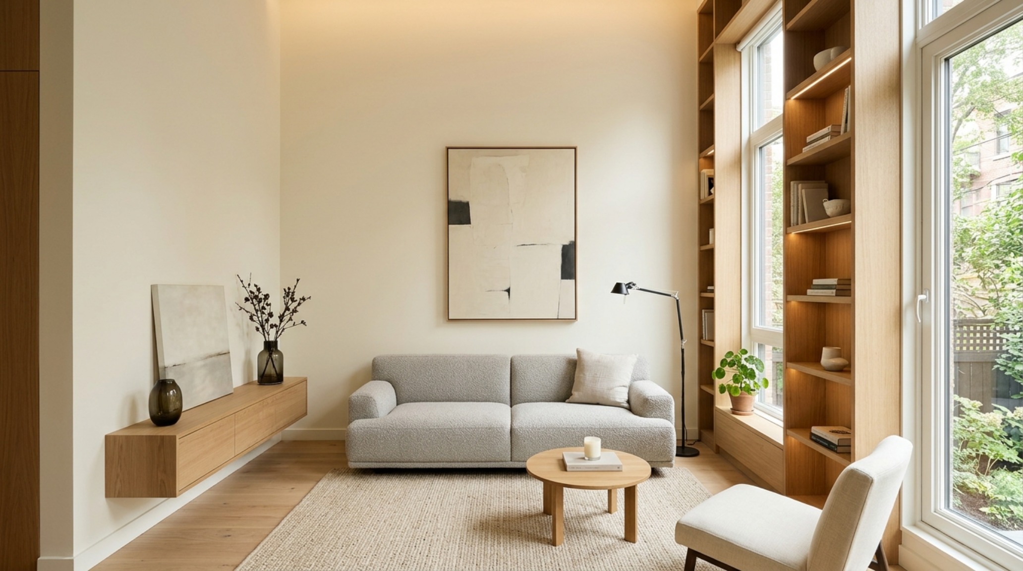 Wide-angle shot of a compact living space using a low-profile cloud sofa alternative to maximize vertical ceiling height perception.
