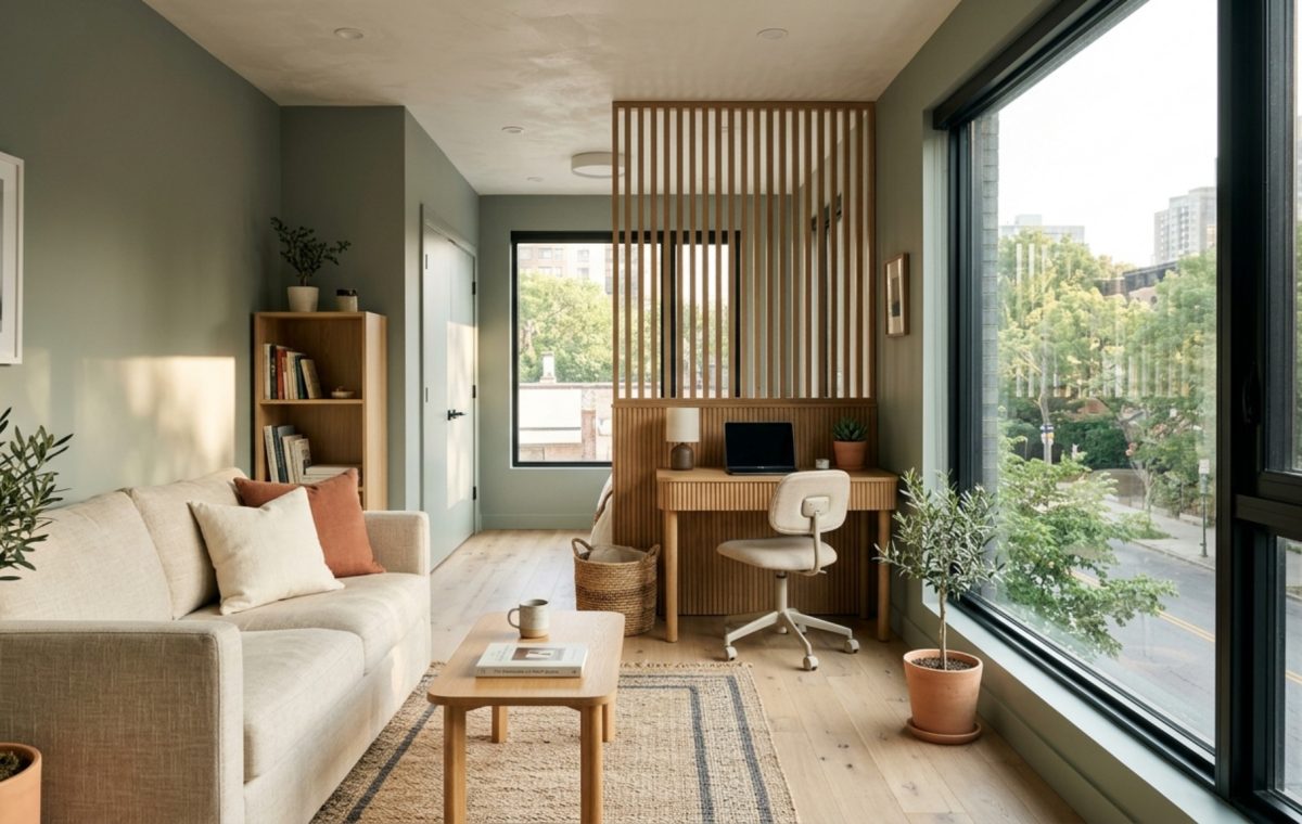 A wide-angle architectural shot of a 300sqft studio zoned with Sherwin-Williams Evergreen Fog, showcasing sage green living room ideas with clear 36-inch walkways.