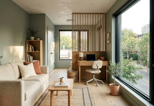 A wide-angle architectural shot of a 300sqft studio zoned with Sherwin-Williams Evergreen Fog, showcasing sage green living room ideas with clear 36-inch walkways.