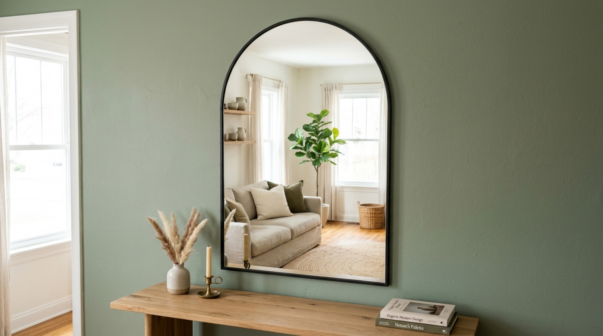 Vertical shot of a sage green accent wall decor featuring a single abstract line art piece and a low-profile walnut sideboard in a sun-drenched studio.