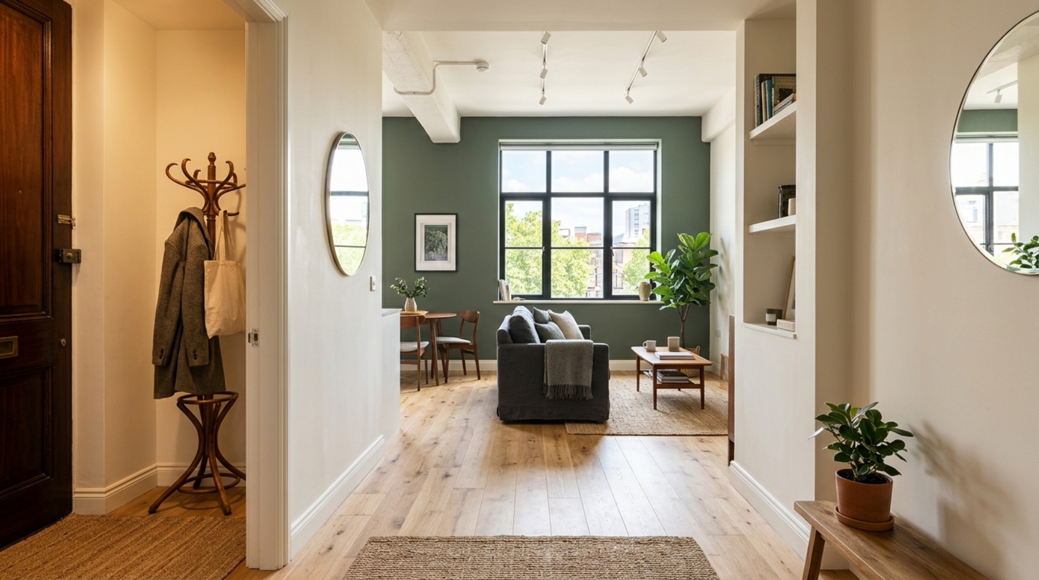 Spatial flow view from the entryway of a tiny apartment, using sage green living room ideas to guide the eye toward a bright window, creating a sense of expansion.