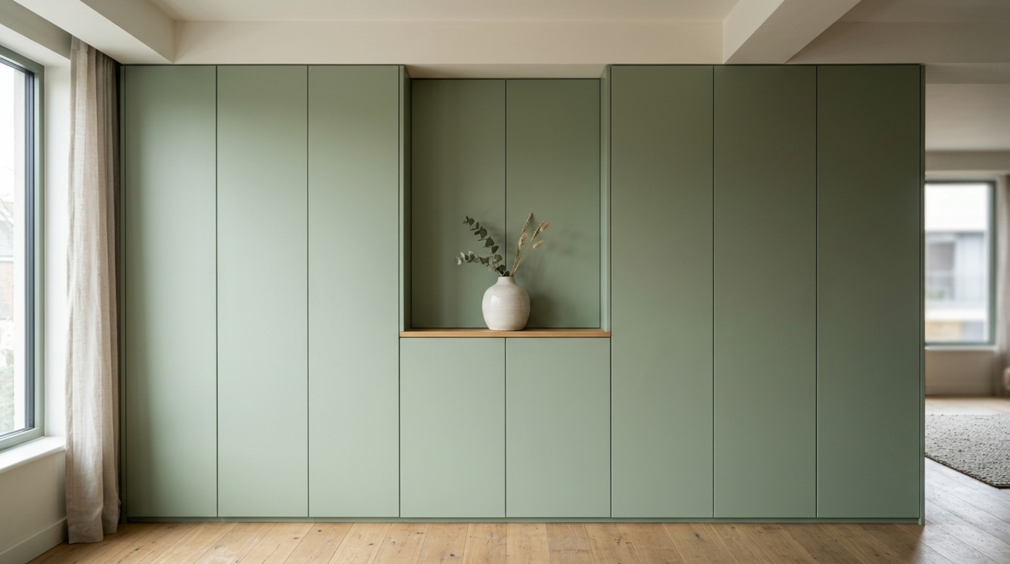 Detail of custom concealed storage cabinets painted in matte sage green, blending seamlessly into the wall to maximize visual space in a modern organic decor scheme.
