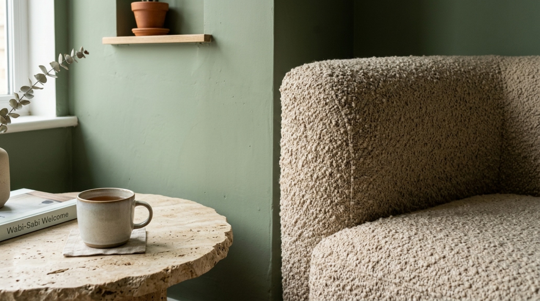 Close-up of a sage green with beige sofa, featuring high-texture linen upholstery and a honed travertine side table under warm natural light.