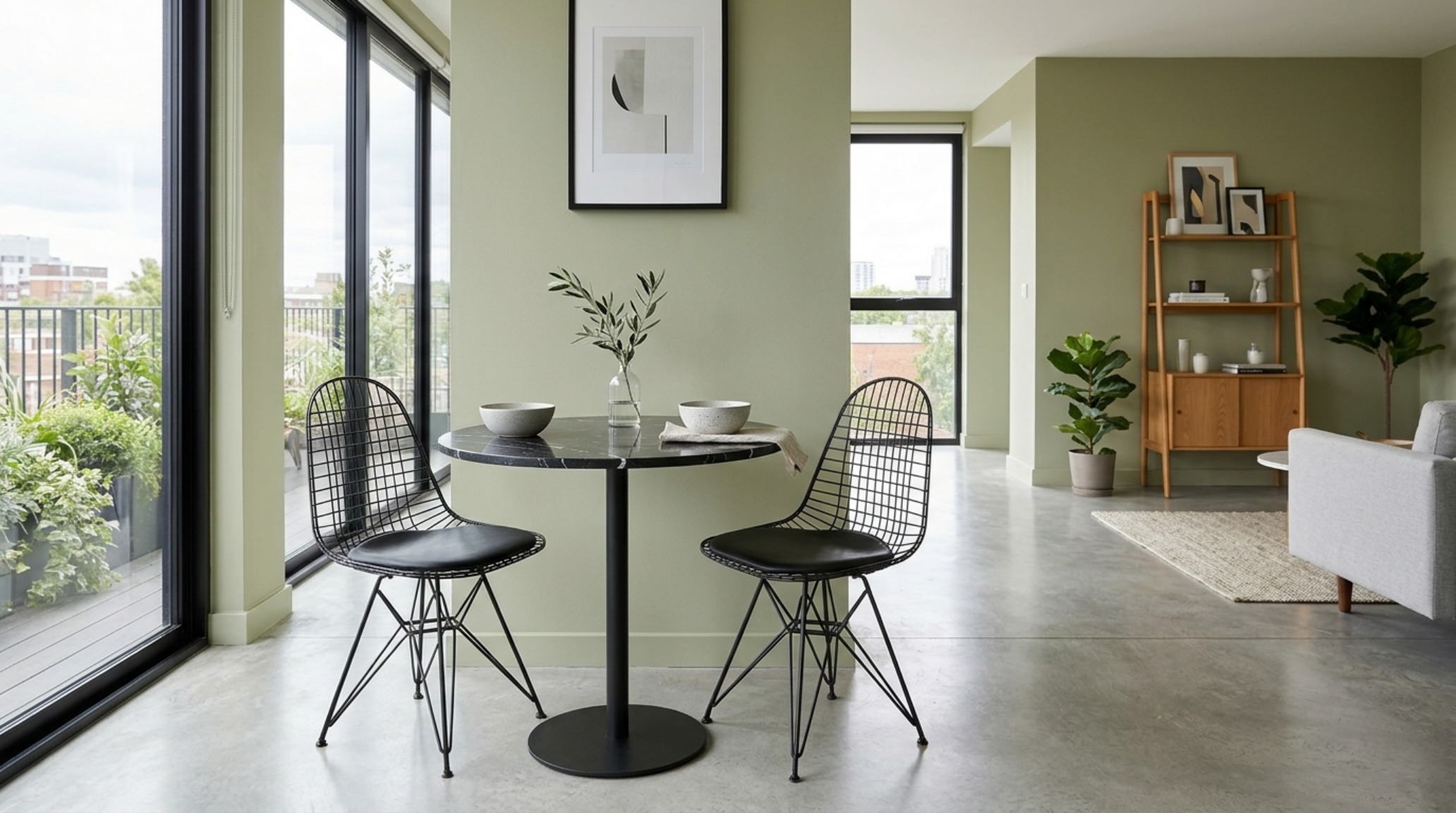 A minimalist dining corner with a 30-inch chair clearance, featuring an earthy neutral green living room backdrop and a slender black metal bistro table.
