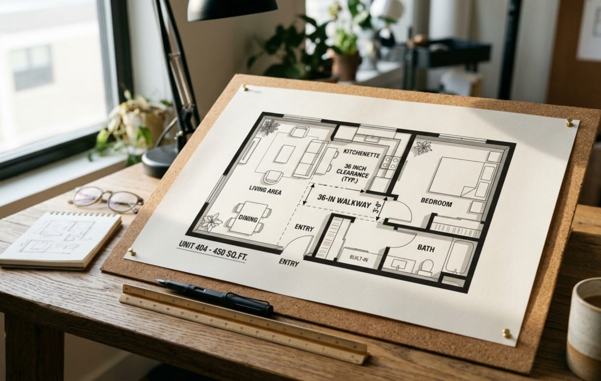 no-cost floor plan creator displaying a precise architectural layout for a compact apartment with 36-inch walkway clearances and doorway swings.