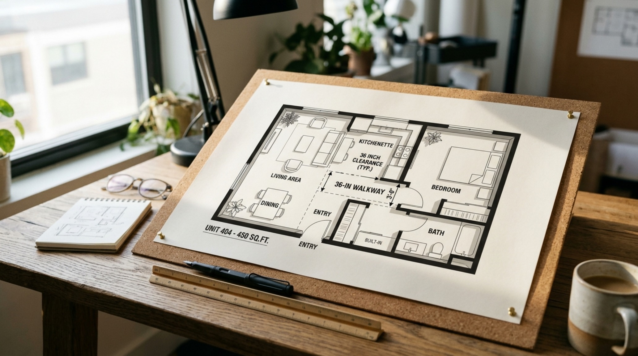 no-cost floor plan creator displaying a precise architectural layout for a compact apartment with 36-inch walkway clearances and doorway swings. no-cost floor plan creator displaying a precise architectural layout for a compact apartment with 36-inch walkway clearances and doorway swings.