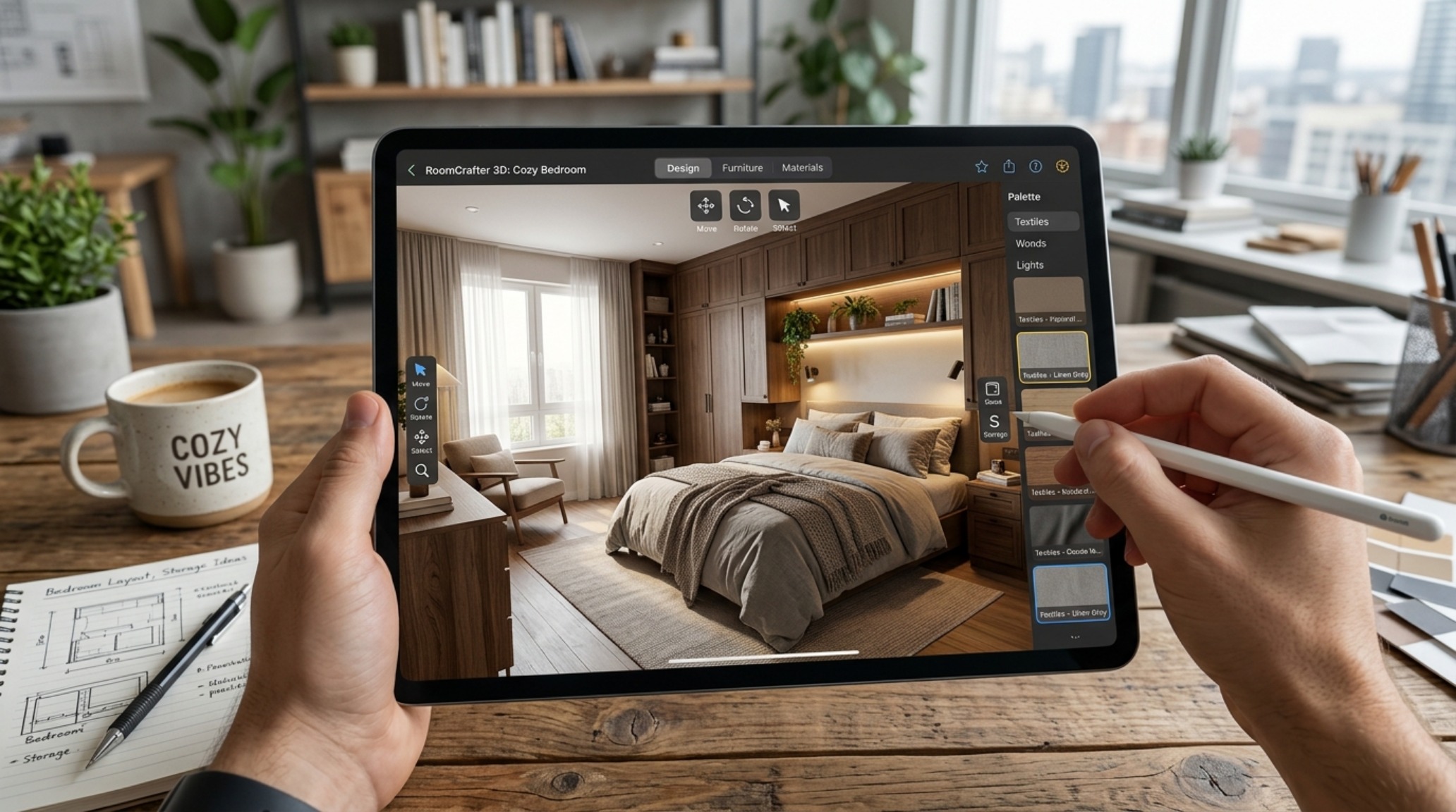best free room designer app interface showing a 3D bedroom render with integrated storage solutions and tactile fabric textures. best free room designer app interface showing a 3D bedroom render with integrated storage solutions and tactile fabric textures.