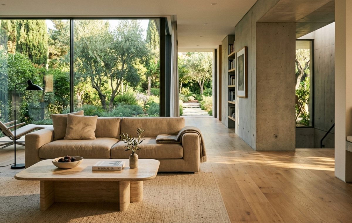 Interior design clearance standards visualized in a minimalist living room featuring 36-inch walkways and a low-slung linen sofa with 18-inch coffee table reach.